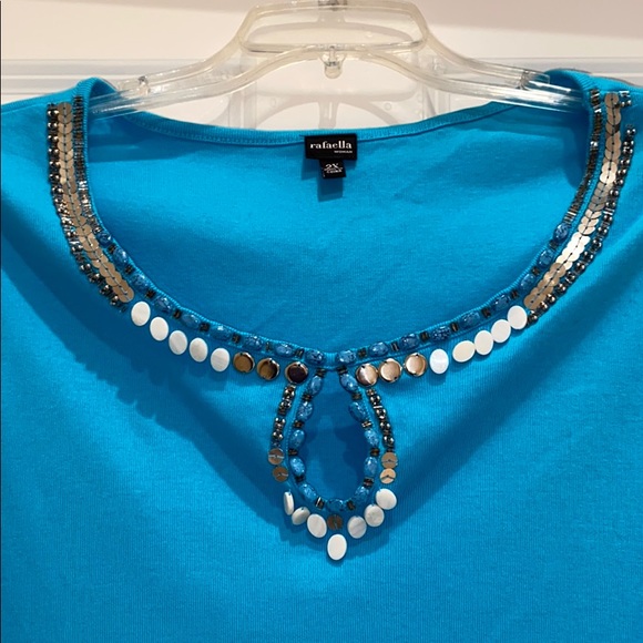 Rafaella turquoise shirt with beading at neck 2X - Picture 2 of 4